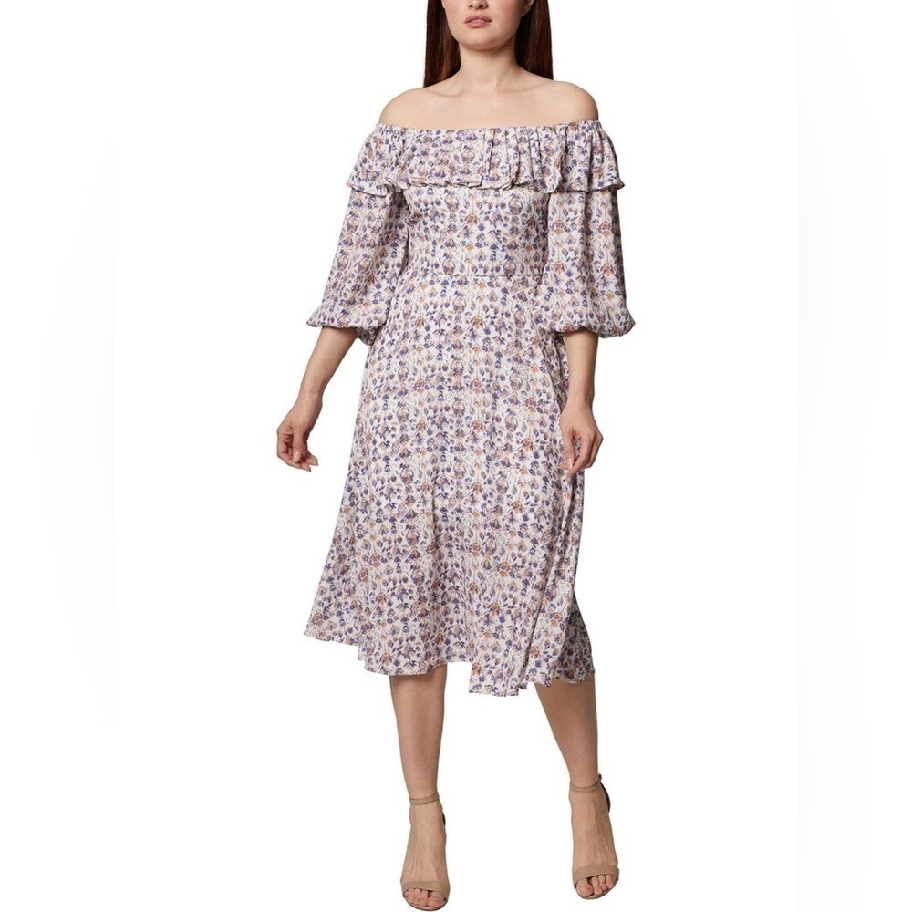 BCBGENERATION New Size 2 Cottage Floral Crepe Midi Dress Off The Shoulder